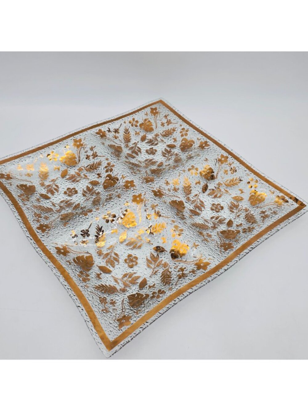 MCM Golden Foliage Divided Textured Glass Tray 4 Sections Large 16" x 16" - Picture 3 of 11